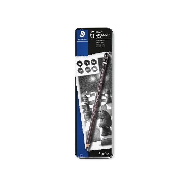 Lápis Grafite Técnico Staedtler Lumograph Black Estojo Metal com 6 Graduações 8B A 2B