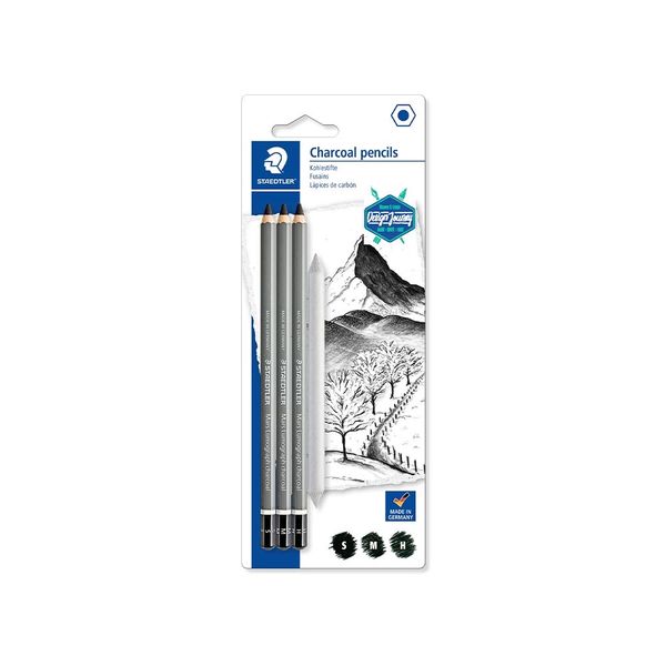 Lápis Carvão Técnico Staedtler Mars Lumograph Charcoal 03 Unidades Mais Esfuminho
