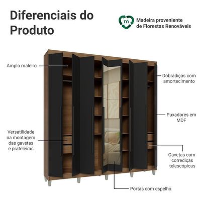 Guarda-roupa Casal Com Pés 8 Portas Batentes Com Espelho Rustic-preto-preto Saturno Madesa