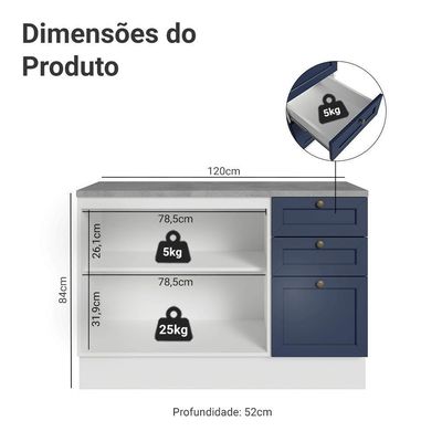 Balcão De Cozinha 120 Cm 2 Portas 3 Gavetas Branco/azul Vik Madesa Branco/azul
