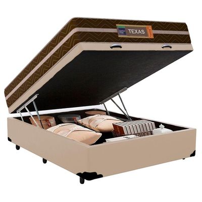Cama Box Baú Casal Sintético + Colchão Molas Ensacadas Texas Prime Colchões 138x188x67cm Cor:bege