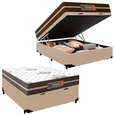 Cama Box Baú Casal Sintético + Colchão Molas Ensacadas Texas Prime Colchões 138x188x67cm Cor:bege