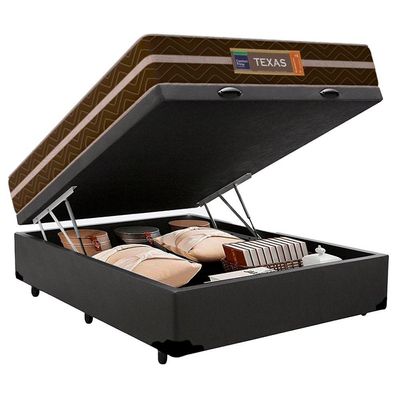 Cama Box Baú Casal Sintético + Colchão Molas Ensacadas Texas Prime Colchões 138cm Cinza - Suporta Até 120 Kg Por Pessoa