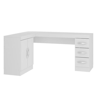 Mesa Escritório De Canto Home Office 2 Portas 3 Gavetas Menu Móveis Branco