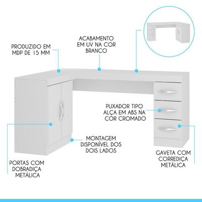 Mesa Escritório De Canto Home Office 2 Portas 3 Gavetas Menu Móveis Branco