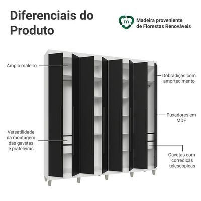 Guarda-roupa Casal Com Pés 8 Portas Batentes Branco-preto-preto Venus Madesa