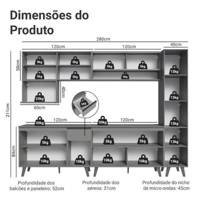 Armário De Cozinha Completa 280 Cm Cinza Nice Madesa 03