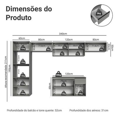 Armário De Cozinha Completa 340cm Suspensa Cinza Nice Madesa 02 Cinza