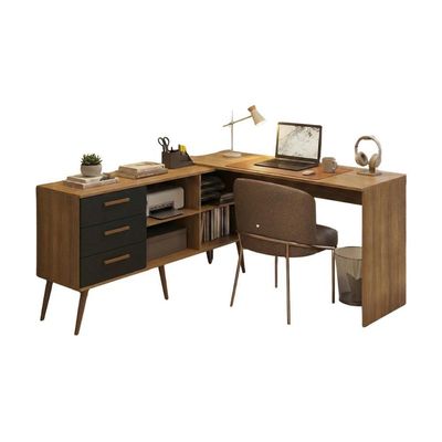 Mesa De Escritório Em L Com 3 Gavetas Porto Multimóveis Mp6044 Madeirado/preto