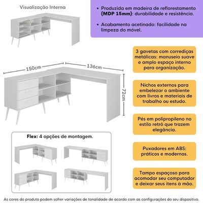 Mesa De Escritório Em L Com 3 Gavetas Porto Multimóveis Mp6044 Branco
