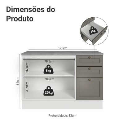 Balcão De Cozinha 120 Cm 2 Portas 3 Gavetas Branco/cinza Vik Madesa Branco/cinza