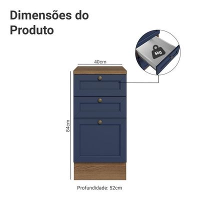 Balcão De Cozinha 40 Cm 3 Gavetas Rustic/azul Vik Madesa Rustic/azul
