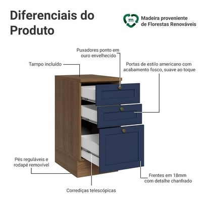 Balcão De Cozinha 40 Cm 3 Gavetas Rustic/azul Vik Madesa Rustic/azul