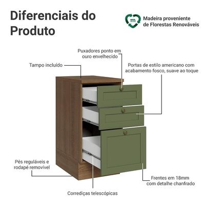 Balcão De Cozinha 40 Cm 3 Gavetas Rustic/verde Vik Madesa Rustic/verde