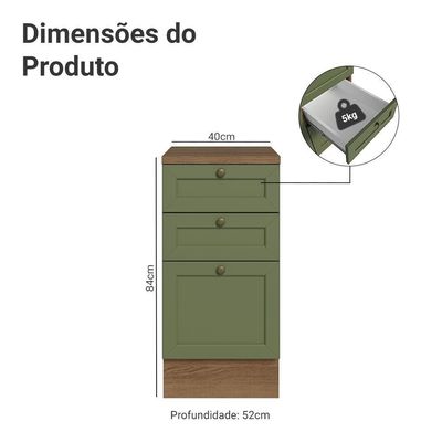 Balcão De Cozinha 40 Cm 3 Gavetas Rustic/verde Vik Madesa Rustic/verde