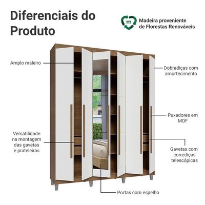 Guarda-roupa Casal Com Pés 6 Portas Batentes Com Espelho Rustic-branco-rustic Venus Madesa