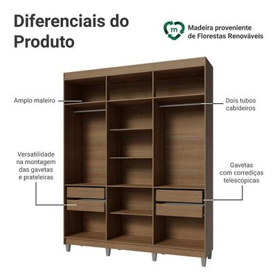 Guarda-roupa Closet Com Pés 4 Gavetas 180cm Rustic Venus Madesa