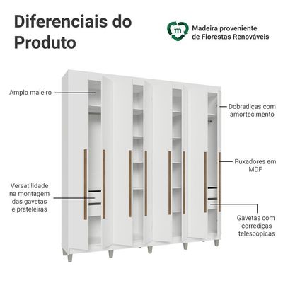 Guarda-roupa Casal Com Pés 8 Portas Batentes Branco-branco-rustic Saturno Madesa
