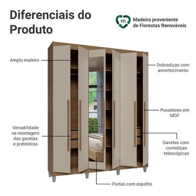 Guarda-roupa Casal Com Pés 6 Portas Batentes Com Espelho Rustic-crema-rustic Saturno Madesa