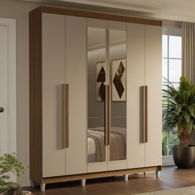 Guarda-roupa Casal Com Pés 6 Portas Batentes Com Espelho Rustic-crema-rustic Saturno Madesa