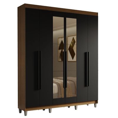 Guarda-roupa Casal Com Pés 6 Portas Batentes Com Espelho Rustic-preto-preto Saturno Madesa