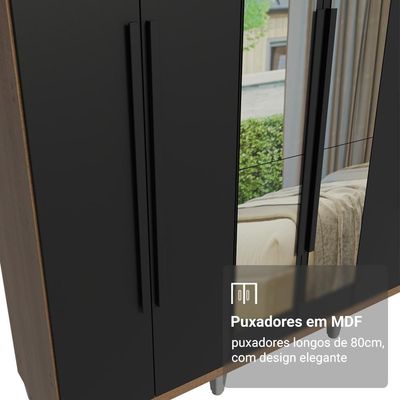 Guarda-roupa Casal Com Pés 6 Portas Batentes Com Espelho Rustic-preto-preto Saturno Madesa