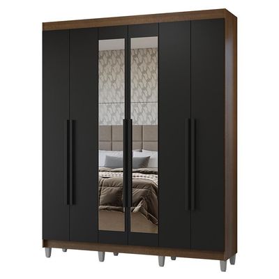 Guarda-roupa Casal Com Pés 6 Portas Batentes Com Espelho Rustic-preto-preto Netuno Madesa