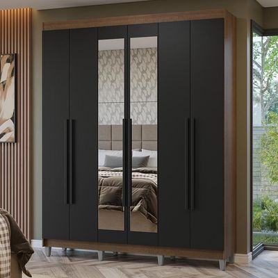 Guarda-roupa Casal Com Pés 6 Portas Batentes Com Espelho Rustic-preto-preto Netuno Madesa