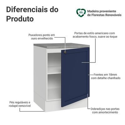 Balcão De Cozinha 60 Cm 1 Porta Branco/azul Vik Madesa Branco/azul