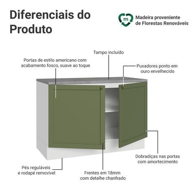 Balcão De Cozinha 120 Cm 2 Portas Branco/verde Vik Madesa Branco/verde