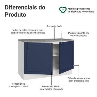 Balcão De Cozinha 120 Cm 2 Portas Branco/azul Vik Madesa Branco/azul