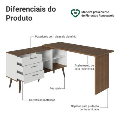 Mesa De Escritório Em L 3 Gavetas Lisboa Madesa Xa Branco/rustic