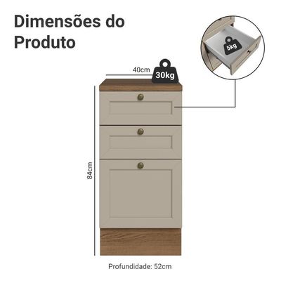 Balcão De Cozinha 40 Cm 3 Gavetas Rustic-crema Vik Madesa Rustic-crema