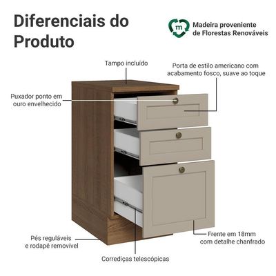 Balcão De Cozinha 40 Cm 3 Gavetas Rustic-crema Vik Madesa Rustic-crema