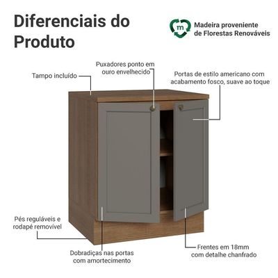 Balcão De Cozinha 70 Cm 2 Portas Rustic/cinza Vik Madesa Rustic/cinza