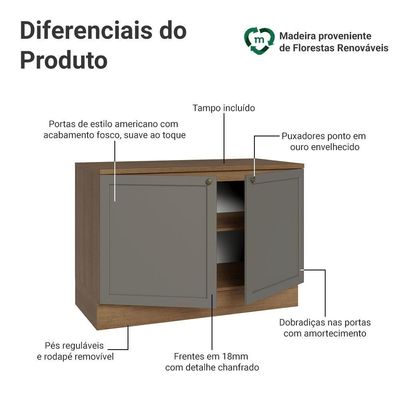 Balcão De Cozinha 120 Cm 2 Portas Rustic/cinza Vik Madesa Rustic/cinza