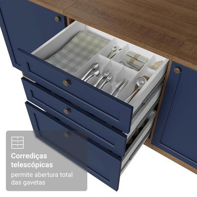 Balcão De Cozinha 60 Cm 3 Gavetas Rustic/azul Vik Madesa Rustic/azul