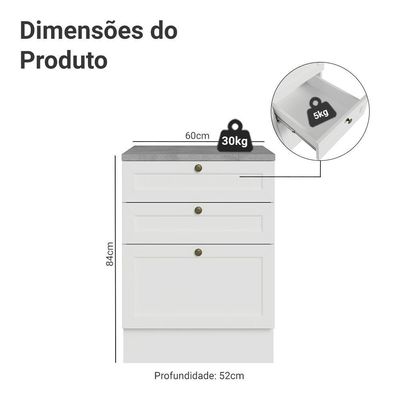 Balcão De Cozinha 60 Cm 3 Gavetas Branco Vik Madesa Branco