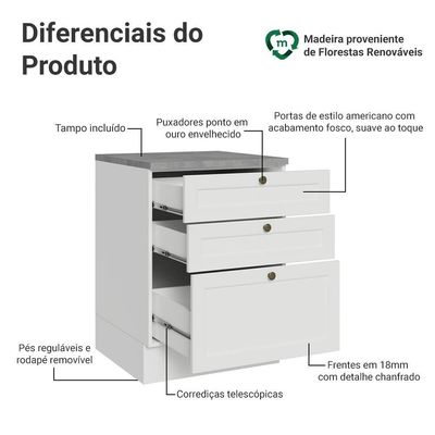 Balcão De Cozinha 60 Cm 3 Gavetas Branco Vik Madesa Branco