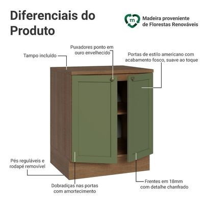 Balcão De Cozinha 70 Cm 2 Portas Rustic/verde Vik Madesa Rustic/verde