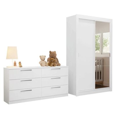 Kit Guarda-roupa Infantil Milano 2 Portas De Correr Com Espelho + Cômoda Branco Madesa Branco