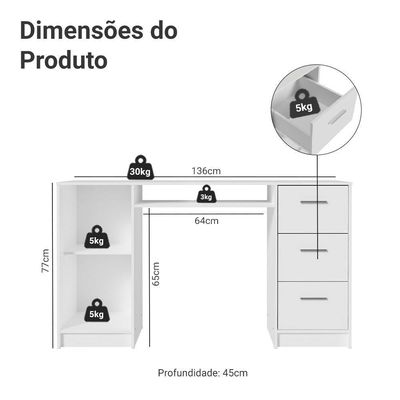 Escrivaninha Penteadeira 136cm 1 Porta 3 Gavetas Madesa Branco