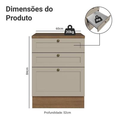 Balcão De Cozinha 60 Cm 3 Gavetas Rustic-crema Vik Madesa Rustic-crema