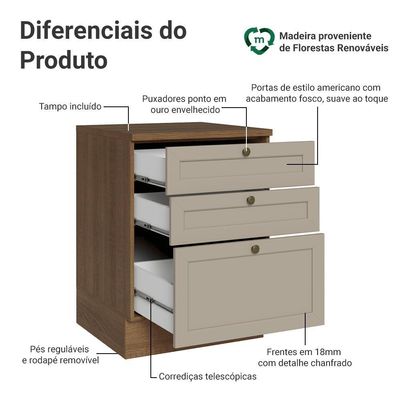 Balcão De Cozinha 60 Cm 3 Gavetas Rustic-crema Vik Madesa Rustic-crema