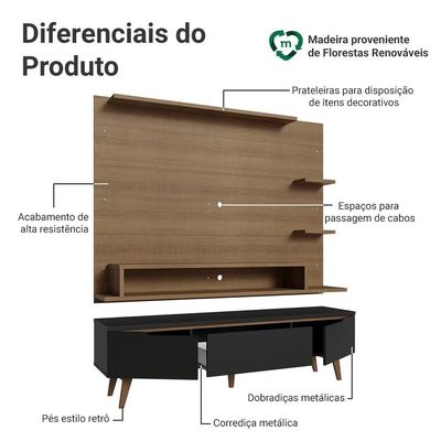 Rack Com Painel Para Tv Até 60 Polegadas 180 Cm Pés Rusticpretorustic Reims Madesa Rusticpretorustic
