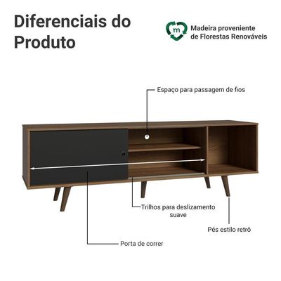 Rack Para Tv Até 80 Polegadas 160cm Com Pés Rustic/preto Torino Madesa Rustic/preto