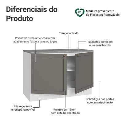 Balcão De Cozinha 120 Cm 2 Portas Branco/cinza Vik Madesa Branco/cinza