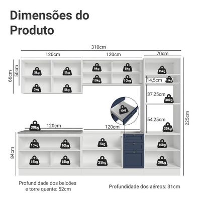 Armário De Cozinha Completa 310 Cm Vik Madesa 01 Branco/azul