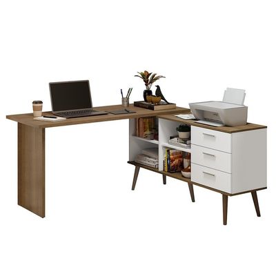 Mesa De Escritório Em L 3 Gavetas Branco/rustic Lisboa Madesa Branco/rustic