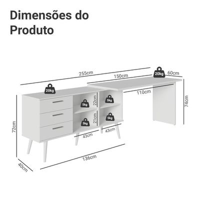 Mesa De Escritório Em L 3 Gavetas Branco Lisboa Madesa Xa Branco